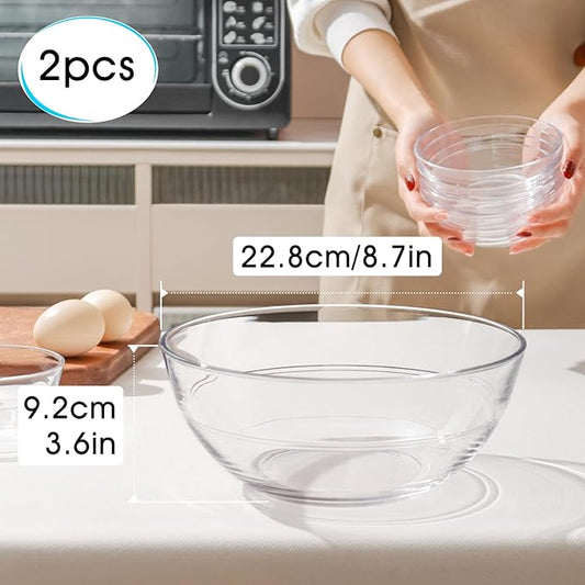 NUTRIUPS 8.7 inch Tempered Glass Mixing Bowls 2 Pack, Salad Bowl for Kitchen Microwave, Dishwasher and Oven Safe