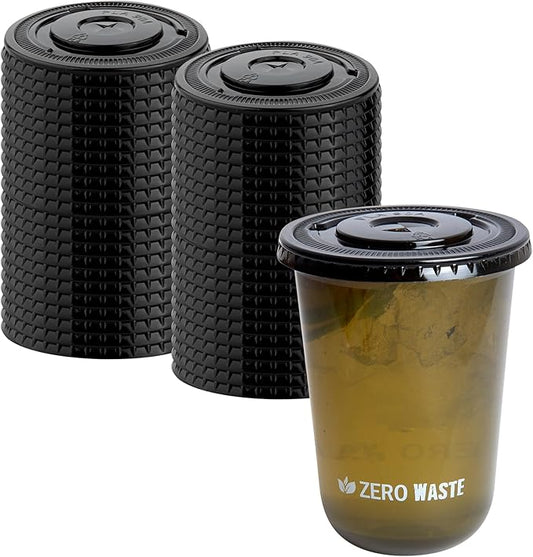 LIDS ONLY: Zero Waste 3.5 x 3.5 Inch Plastic Lids, 100 Disposable Flat Lids - Cups Sold Separately, Commercially Compostable, Black PLA Plastic Lids, Fits 12,16, And 24 Ounce Cups - Restaurantware