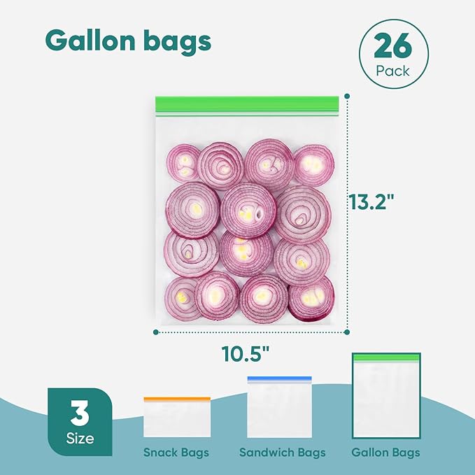 Lerine 26 Pack Reusable Gallon Freezer Bags Dishwasher Microwave Safe, Extra Thick Reusable freezer Bags 1 Gallon, BPA Free Leakproof Food Storage Bags for Meal Prep, Kitchen Organization