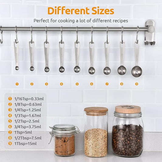 18/8 Stainless Steel Measuring Spoons Set for Dry and Liquid Ingredients (Set of 9), and 600℉ Heat Proof BPA-Free Solid/Slotted Sturdy Cooking Utensil Set of 5 for Non Stick Cookware, Aqua Sky