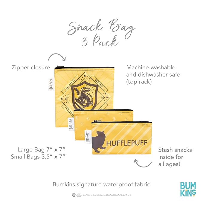Bumkins Reusable Sandwich and Snack Bags, for Kids School Lunch and for Adults Portion, Washable Fabric, Waterproof Cloth Zip Bag, Travel Pouch, Food-Safe Storage, 3-pk Harry Potter Hufflepuff