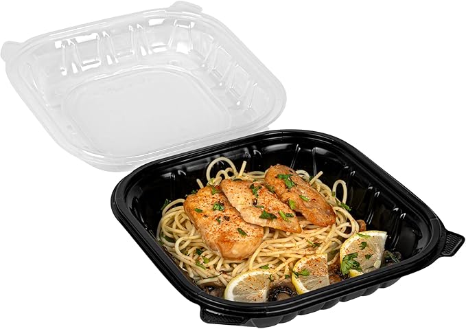 Restaurantware Thermo Tek 40 Ounce Clamshell Containers, 50 Disposable Take Out Boxes - Ventilated Lids, Microwavable, Black Plastic Meal Prep Containers, For Pastas, Salads, Or Sandwiches