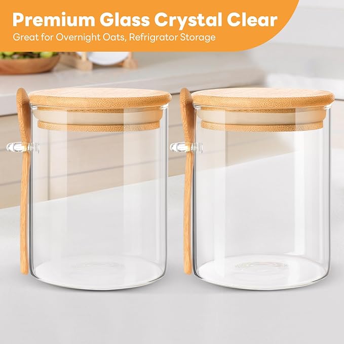 2 Pack 25oz Large Overnight Oats Containers with Lids, Overnight Oats Jars with Spoons, Glass Jars with bamboo Lids,salad jars with lids meal prep for Chia Seed Pudding Yogurt Cereal Coffee Flour
