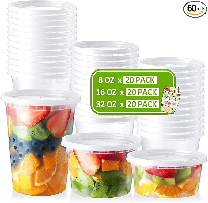 60 Set Deli-Containers-with-Lids: [8oz 16oz 32oz] Combo Plastic-Food-Storage-Containers-with-Lids, To-Go-Containers, Meal-Prep-Containers