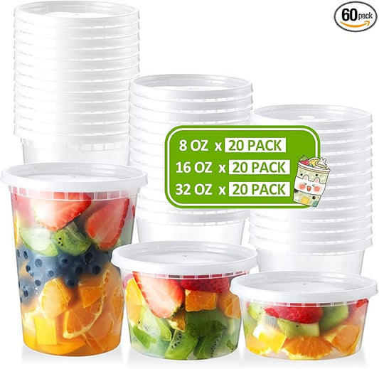 60 Set Deli-Containers-with-Lids: [8oz 16oz 32oz] Combo Plastic-Food-Storage-Containers-with-Lids, To-Go-Containers, Meal-Prep-Containers