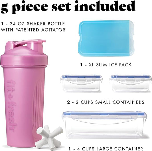 Fit & Fresh BREE Meal Prep Lunch Box With Containers, Ice Pack, and Shaker Bottle For Men and Women, 6pc. Meal Prep Kit Lunch Bag With Containers Included, Mauve