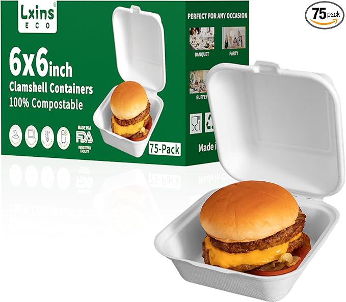 ‌LxinsECO 6X6 Inch Clamshell Containers (75-pack), Disposable Compostable Bagasse Dessert & Sandwiches Boxes, Microwave & Freezer Safe for Restaurants, Picnic, To-Go Meals Out