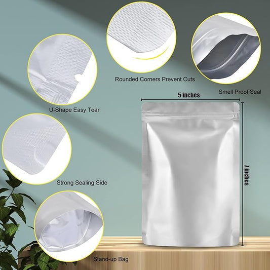 0.5 Pint Kitchen Storage Bags Fresh Saver Mylar Bags with Labels, Stand Up Mylar Bag Resealable and Heat Sealable for Long Term Food Storage,Thick 4.75 Mil, 5"x7" (50Pack-0.5Pint)