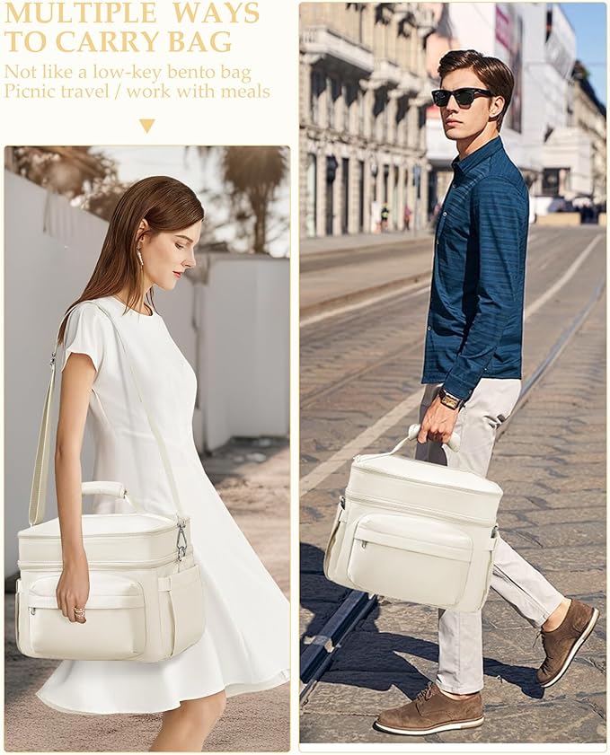 Lunch Box Women Insulated Lunch Bag Men Expandable Waterproof Leakproof Lunch Boxes Large Lunch Tote Cooler Bag for Work with Water Bottle Holder Beige