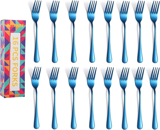Blue Dinner Forks, 16 Piece Stainless Steel Silverware Forks, Sturdy Tableware Fork Set, Home Kitchen Metal Fork, Restaurant Quality Cutlery Forks, Handwash Recommaded - 8 Inch