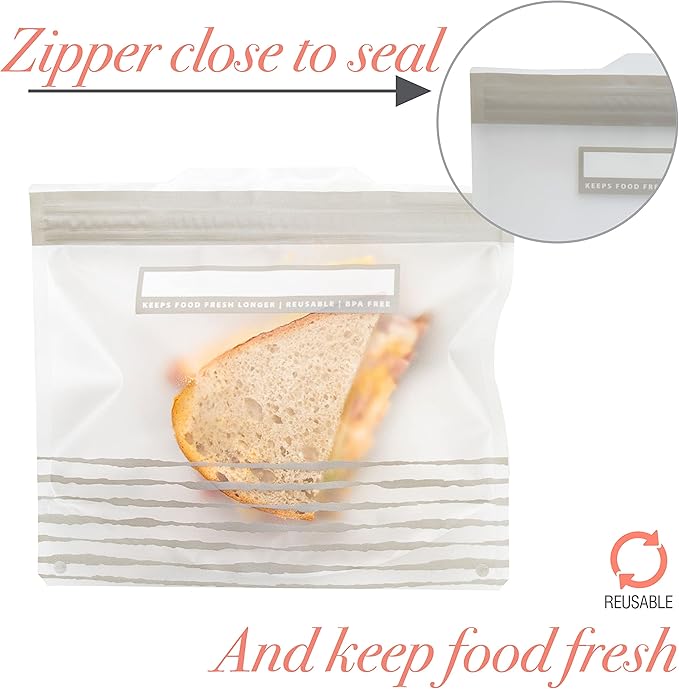 Kitchen Details 6 Piece Set Reusable Bags | 3 Sandwich and 3 Snack Sized | Airtight Zipper Seal | Leak Proof | BPA Free | Food Safe Material | Food Storage | Freezer Safe | Grey