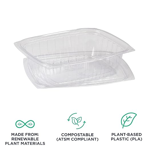 ECO PRODUCTS Compostable 24oz Clear Rectangular Deli Containers With Lids, Pack of 50, Meal Prep, Made from PLA Plastic, A Renewable Material Made from Plants, One Lid Works With All