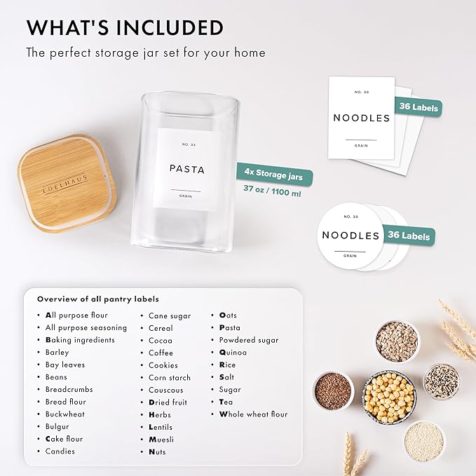 Glass Storage Containers with Bamboo Lids 37fl.oz [Extra Thick Glas] with 72 Pantry Labels - Canister For Pantry Noodles Flour Cereal Rice Sugar Tea Coffee Beans - Square Set of 4x
