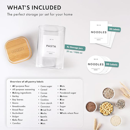 Glass Storage Containers with Bamboo Lids 37fl.oz [Extra Thick Glas] with 72 Pantry Labels - Canister For Pantry Noodles Flour Cereal Rice Sugar Tea Coffee Beans - Square Set of 4x