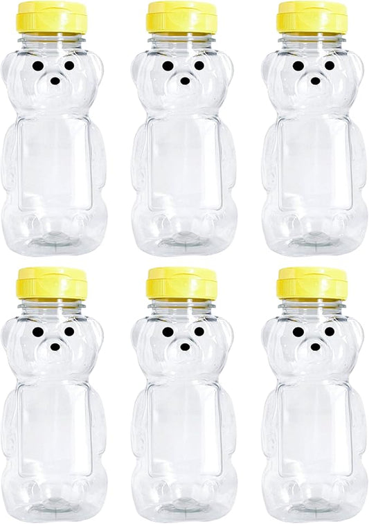 6 Pack of 8 Ounce Honey Bears with Sealable Yellow Flip Top Lids (8 oz. Bear, 6pk, Yellow)