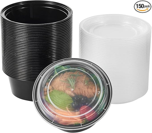 38 oz 150 ct Round Meal Prep Containers with Lids Plastic Food Storage To Go Lunch Box Disposable Take Out Bowls Black BPA Free Reusable Stackable Microwave Freezer Safe (Formerly FULING)