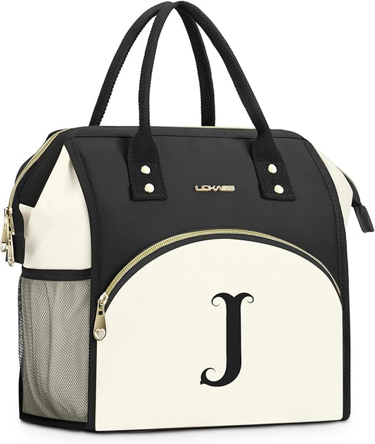 Personalized Lunch Bag for Women, Preppy Reusable Insulated Initials Lunch Box Gift for Friend Large Wide-Open Water Resistant Adult Cooler Tote Bag for Work, Travel, Picnic - Black J