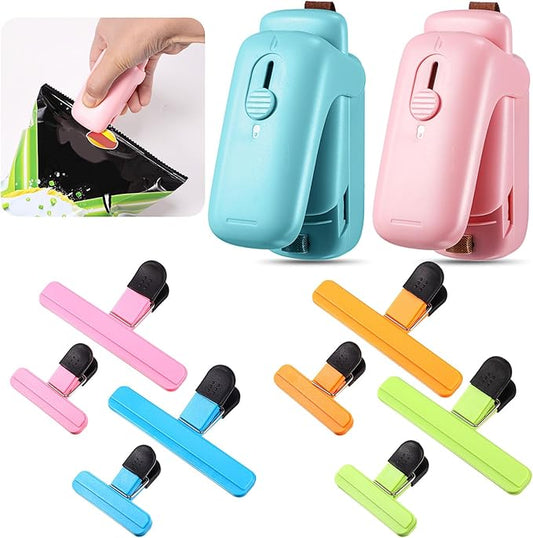 2 Pcs Mini Bag Sealer and 12 Pcs Bag Clips Snack Bag Sealer Snack Handheld Heat Vacuum Sealer Clips Chip Bag Clips for Plastic Bags Food Storage Snacks Freshness