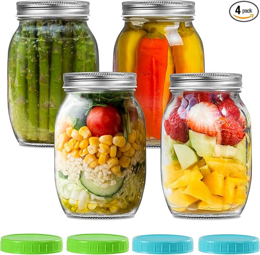 32 oz Wide Mouth Mason Jars with Metal Lids & Plastic Lids, Quart Size Clear Glass Jars for Preserving, Meal Prep, Salad, Canning, Fermenting, Favors, Home Decor, DIY - 4 Pack1