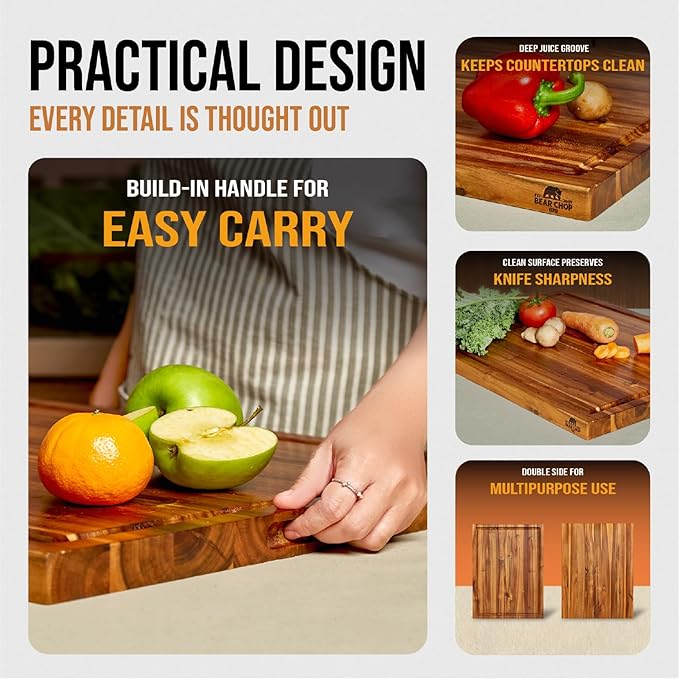 Bearchop Acacia Wood Cutting Boards for Kitchen, [17" x 13" x 1"] Medium Edge Grain Cutting Boards, Solid Wood Butcher Block Cutting Board with Juice Grooves and Handle, Knife Friendly and Reversible