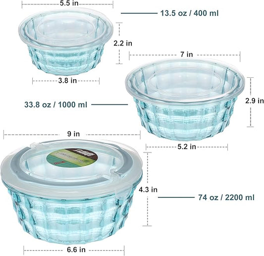 Taiuloo Set of 3 Salad Bowls with Lids, Food Storage Bowls with Lids & Handles, Kitchen Meal Prep Nesting Bowls for Lunch, BPA Free Food Storage Containers, Plastic Salad Serving Bowl Set, Blue