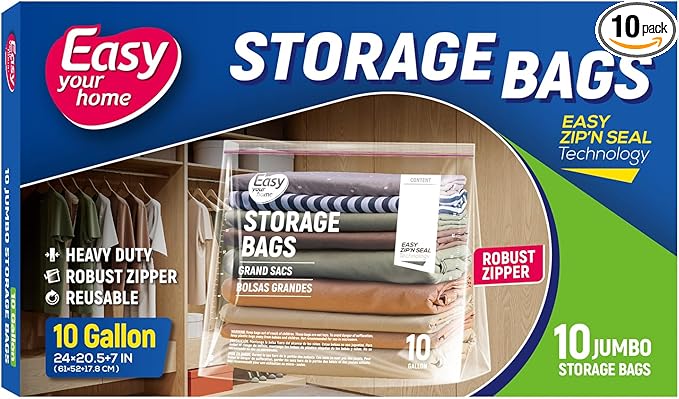 10 Gallon Jumbo Zipper Lock Storage Bags,24" x 20.5"+7",Reusable XL Size Plastic Bag with Zip Top and Bottom for Food,Clothing,Travel,Moving,BPA-Free,3-Mil Thick