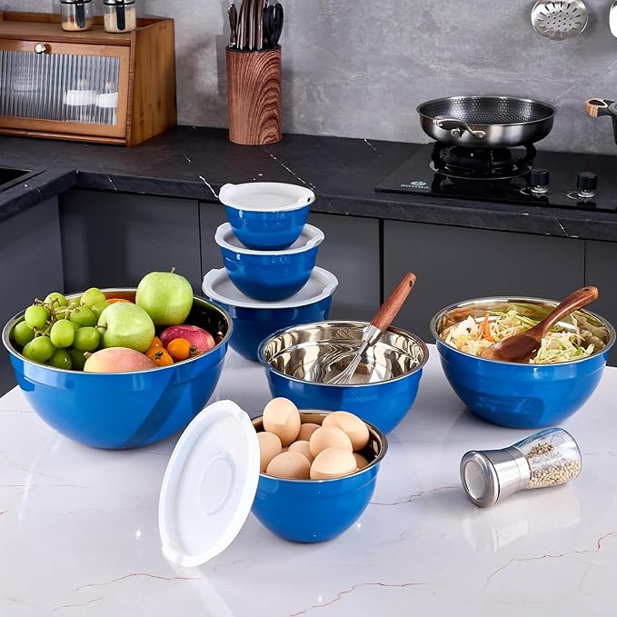 Blue Mixing Bowls With Airtight Lids,Stainless Steel Bowl,Salad Bowls 7 Piece Colorful Nesting Bowl Rainbow Kitchen Accessories,Size 7,3.6,2.7,2.1,1.5,1.1,0.8QT Stackable Design
