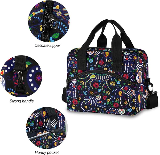 Cats and Sugar Skull Insulated Lunch Bag Reusable Lunch Tote Bag Cooler Bag for Women Men Adult Lunch Box with Adjustable Shoulder Strap Leakproof Lunch Bag for Work School Picnic Camping