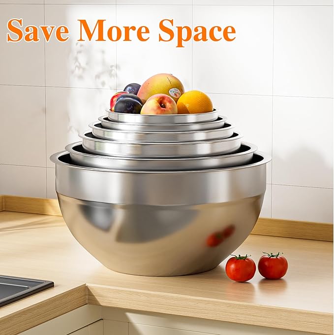 Mixing Bowls with Lids Set, 6 PCS Stainless Steel Mixing Bowls with 3 Grater Attachments, Kitchen Food Storage Organizers Nesting Mixing Bowl, Large Size 4.5, 3.5, 2.1, 1.5, 1.1, 0.7QT-Black