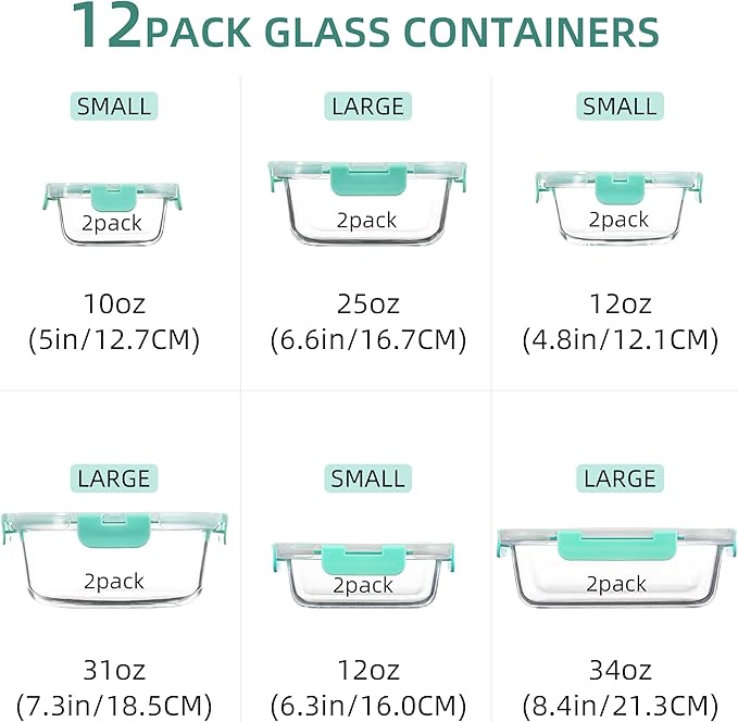 12 Pack Glass Storage Containers with Lids, Glass Meal Prep Containers Set, Airtight Food Storage Containers, Green
