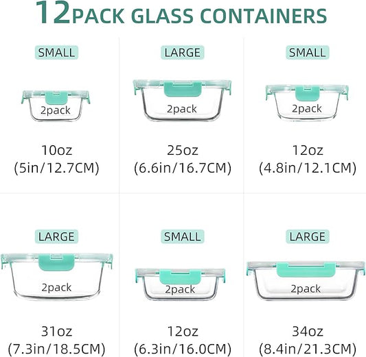 12 Pack Glass Storage Containers with Lids, Glass Meal Prep Containers Set, Airtight Food Storage Containers, Green