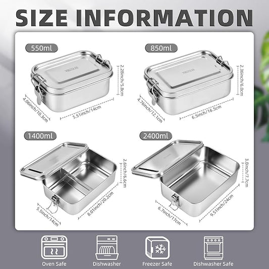 8 PCS Stainless Steel Bento Box 4-Size, Metal Lunch Box, Food Containers, Steel Lunch Container for Home, Work, Camping (550ml+850ml+1400ml+2400ml)*2