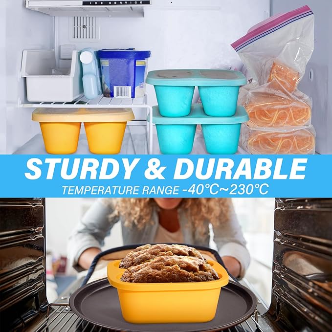 Mossime Silicone Soup Freezer Molds: 1 Cup Silicone Freezer Trays with Lid - 4 Packs Easy Release Soup Freezer Containers - 250ml 125ml Portion Large Cubes for Ice Soup (4, Blue/Yellow)