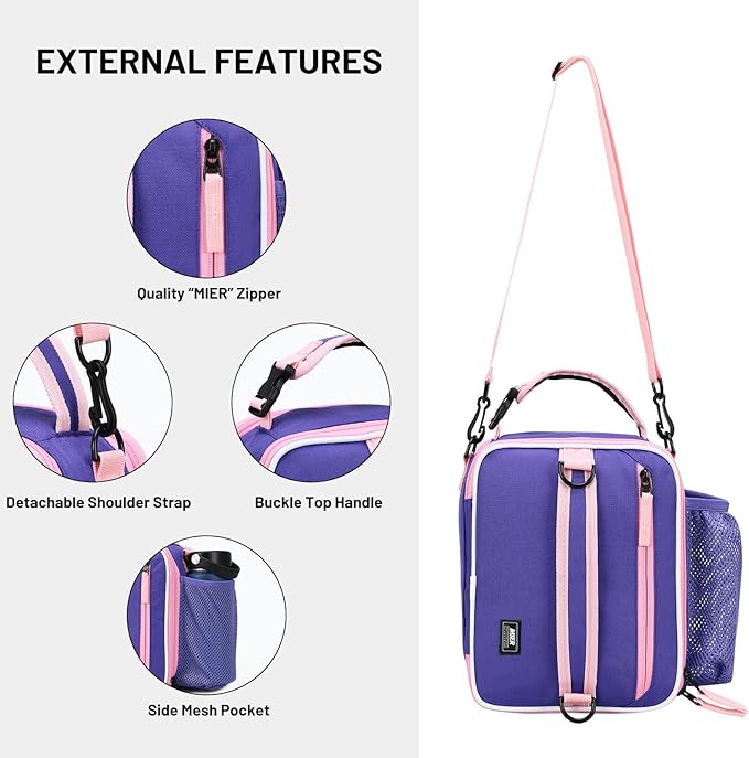 MIER Expandable Lunch Bag Insulated Lunch Box for Teen Girls Women to School Work Travel Portable Lunchbox Bags with Shoulder Strap and Water Bottle Holder(Purple)