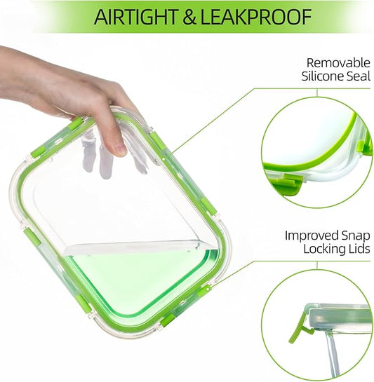 10 Pack Glass Food Storage Containers with Airtight Lids, Ideal for Meal Prep, Lunches - Microwave and Dishwasher Safe, Green