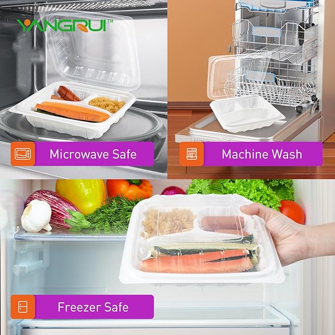YANGRUI To Go Containers, Reusable Anti-Fog Shrink Wrap 25 Pack 8 x 8 Inch 34 OZ White Plastic Meal Prep Boxes BPA Free Microwave Freezer Safe 3 Compartment Clamshell Take Out Container