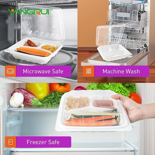 YANGRUI To Go Containers, Reusable Anti-Fog Shrink Wrap 25 Pack 8 x 8 Inch 34 OZ White Plastic Meal Prep Boxes BPA Free Microwave Freezer Safe 3 Compartment Clamshell Take Out Container