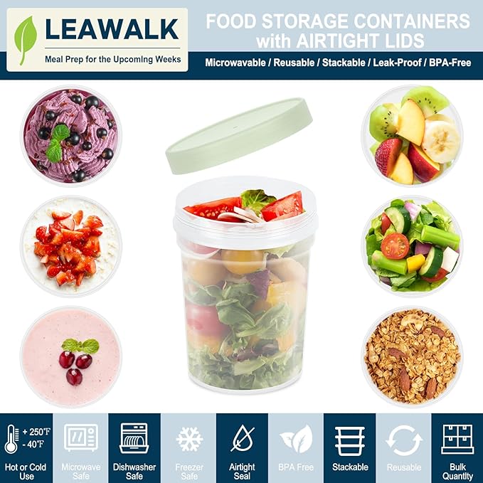 32 oz -12 Pack Reusable Food Freezer Storage Containers with Lids BPA Free, Twist Top Deli Container, Leak Proof, Stackable, Microwave and Dishwasher Safe-Elegant Green
