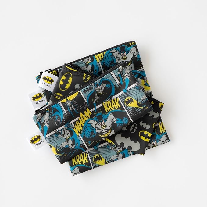Bumkins Reusable Snack Bags, for Kids School Lunch and for Adults Portion, Washable Fabric, Waterproof Cloth Zip Bag, Supplies Travel Pouch, Food-Safe, 2-pk Batman DC Comics