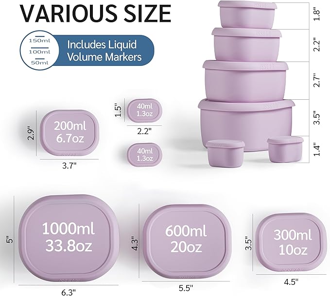 ISSEVE 6Pcs/Set Nesting Silicone Food Storage Containers with Lids, BPA Free Reusable Meal Prep Silicone Containers Lunch Box Bento Box Set (33.8oz, 20oz, 10oz, 6.7oz, 1.3oz) (Purple)