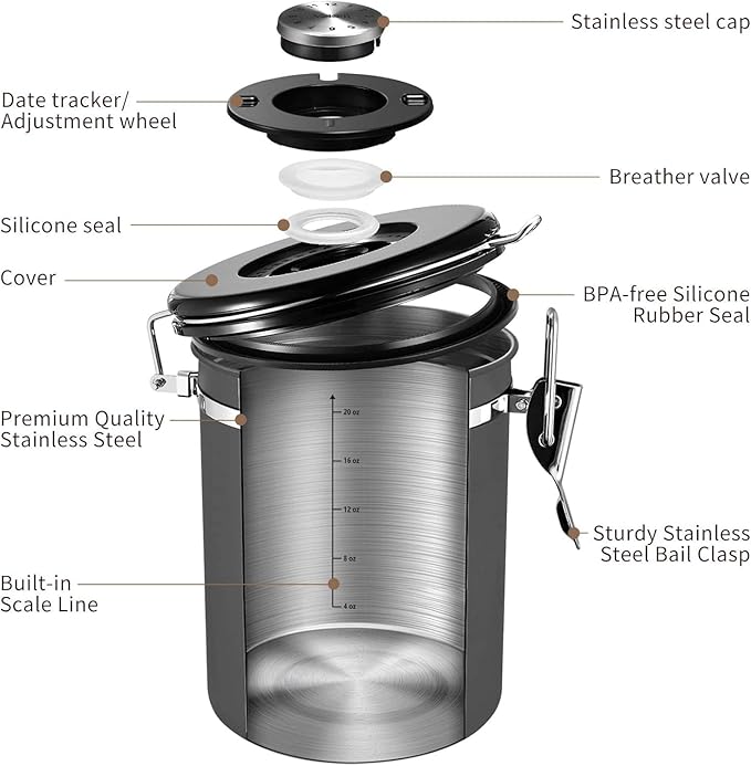 Veken Coffee Canister with Window,Gifts for Dad,Airtight Stainless Steel Kitchen Food Storage Container, Date Tracker & Scoop for Grounds Coffee, Beans, Tea, Flour, Cereal,Sugar,22OZ,Grey