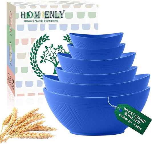 Homienly Wheat Straw Mixing Bowl Set, Wheat Straw Mixing Bowls 6 PCS, Nesting Bowls with Textured Pattern, Unbreakable Bowls Set Include 3 Size, Dishwasher and Microwave Safe Bowls for Kitchen(Blue)