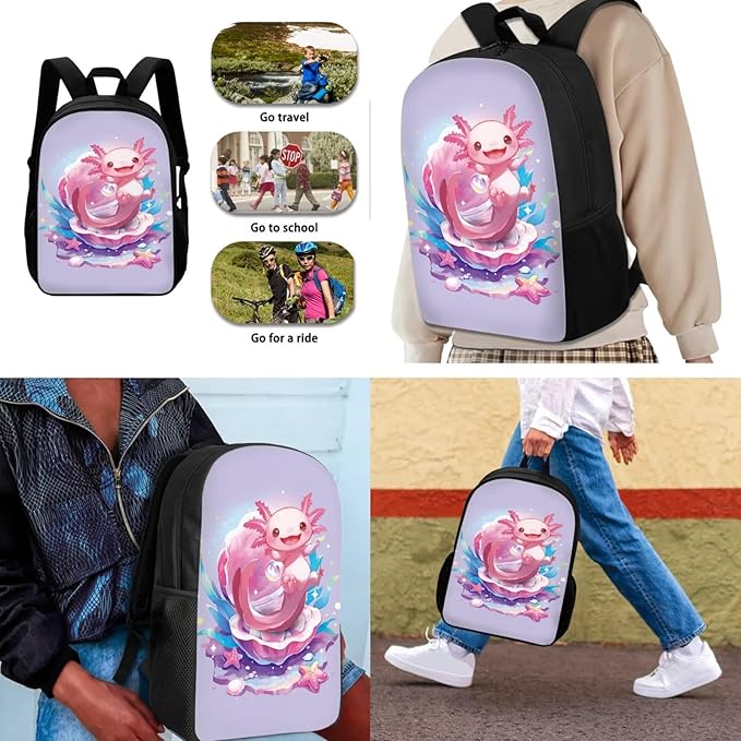 Dolyues Cute Axolotl Cute Girls' Backpack Set with Lunch Box and Pencil Case - Ideal for Teens, Kids, and College Students - Perfect for Elementary, Middle, and High School