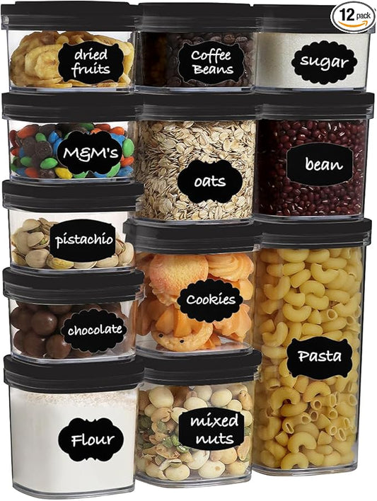 12-Piece Airtight Food Storage Containers Set – 6x 230ML, 5x 390ML & 1x 880ML BPA-FREE Plastic Kitchen Canisters with Lids for Dry Food, Snacks, Spices, Pantry Organization (Black)