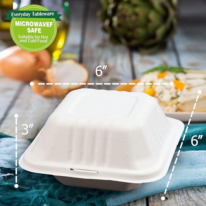 Green Earth 6-Inch, 100-Count, Compostable Clamshell, Natural Bagasse (Sugarcane Fiber), Take-Out/to-Go Food Boxes - Biodegradable Containers, Hinged Lid Microwave-Safe Gluten-Free Eco-Friendly