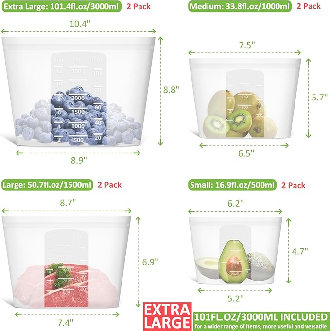 Reusable Storage Bag, 8 Pack 100% Silicone Food Storage Bags Stand Up Zip Lock Bags for Food, Freezer Microwave Oven Dishwasher Safe, 2 Extra Large(0.8 Gallon) 2 Large 2 Medium 2 Small, Translucent