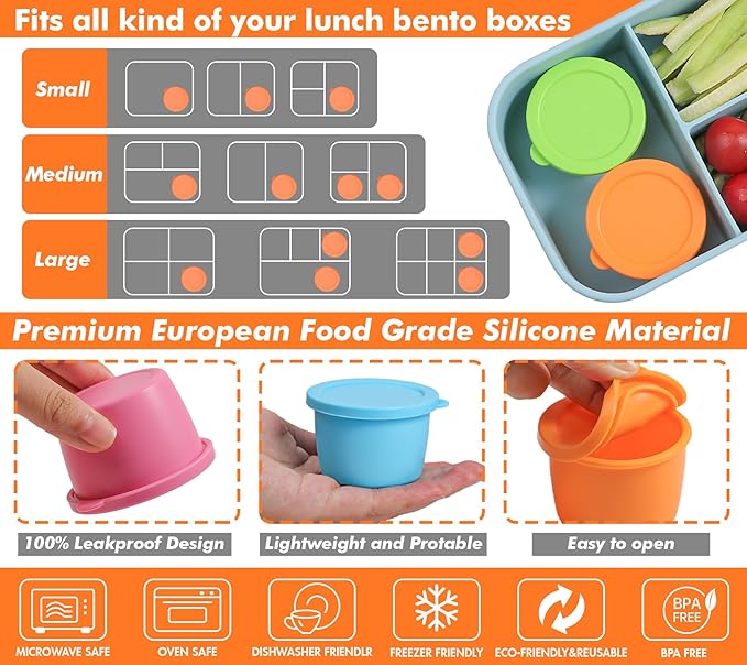 KOLUTI Nonstick Silicone 2.4oz Salad Dressing Container To Go, 6 Pack Small Sauce Storage Box for Lunch Bento, Leak-proof Condiment Portion Cup with Lid, BPA Free, Dishwasher & Microwave & Oven Safe