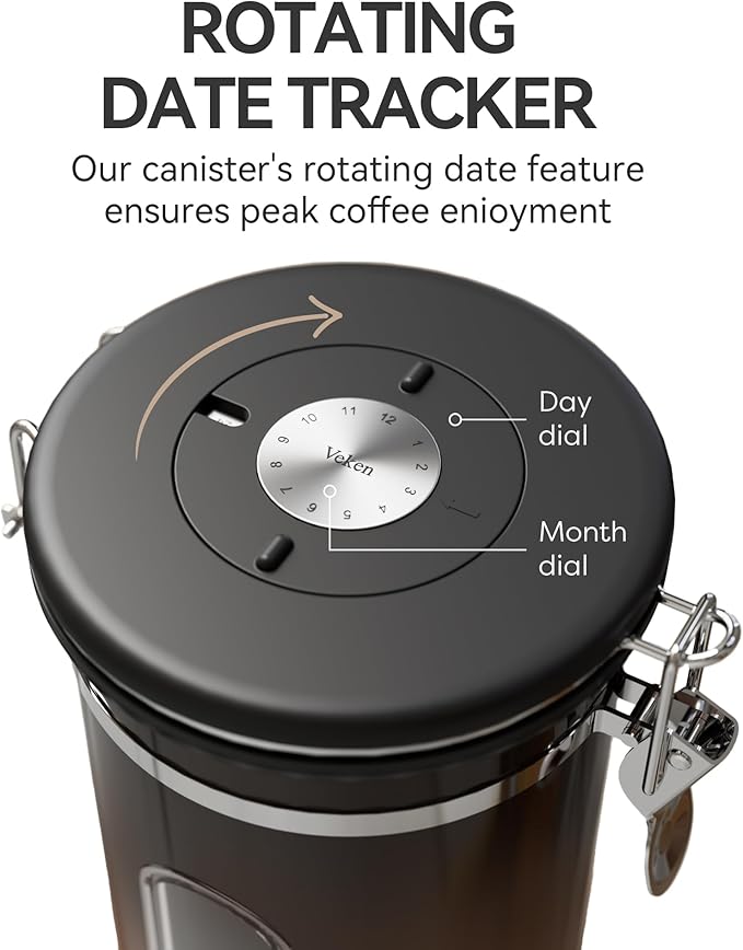 Veken Coffee Canister with Window, Gifts for Dad,Airtight Stainless Steel Kitchen Food Storage Container, Date Tracker & Scoop for Grounds Coffee, Beans, Tea,Flour,Cereal,Sugar,22OZ,Copper