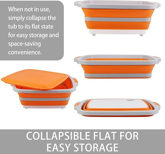 Large Collapsible Cutting Board(4.22 Gal/16L), Foldable Camping Sink with Colander, BBQ Prep Tub with Lid, Multifunction Dish Basin for Kitchen, Bowl, Vegetable and Fruit, Storage Basket for Picnic