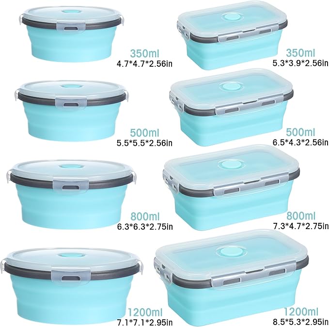 Yaomiao 16 Pack Collapsible Food Storage Containers with Lid Foldable 8 Pcs Rectangle Storage Bowl and 8 Pcs Round Silicone Food Bow for Lunch Rv Accessories Microwave Freezer Safe(Gray, Blue)